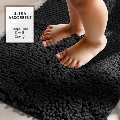 Hearth & Harbor Bathroom Rugs, Chenille Bath Mat - Machine Washable Bath Mats for Bathroom Non-Slip Backing Rubber, Quick Dry Bathroom Mat - Black Bath Rug, 26x44