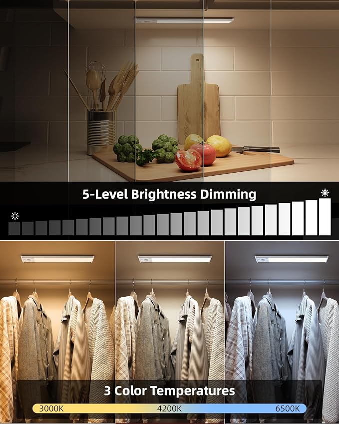 EZVALO 10inch Under Cabinet Lighting, 2500mAh Rechargeable Motion Sensor Lights Indoor with 3 Color Temps, 2 Pack Magnetic Closet Light, 80 LED Dimmable Under Counter Lights for Kitchen, Shelf, Stair
