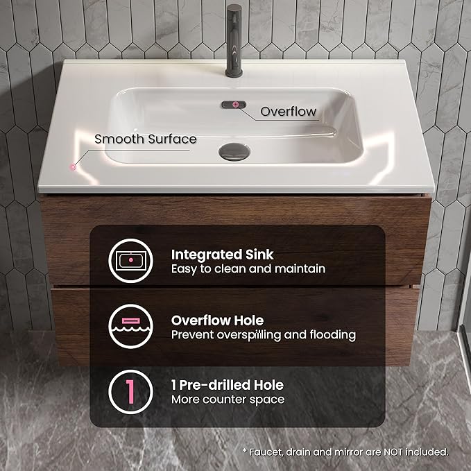30" Bathroom Vanity with Sink, Modern Floating Vanity with Double Soft Closing Drawers, Large Storage for Small Space, Walnut, Fully Assembled - Iris Collection