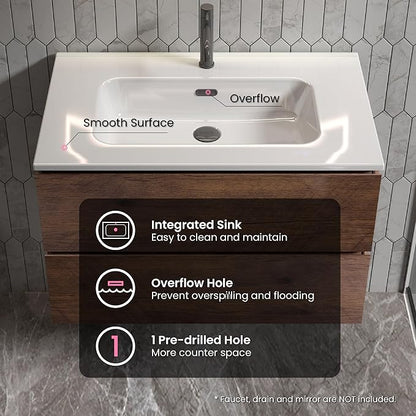 30" Bathroom Vanity with Sink, Modern Floating Vanity with Double Soft Closing Drawers, Large Storage for Small Space, Walnut, Fully Assembled - Iris Collection
