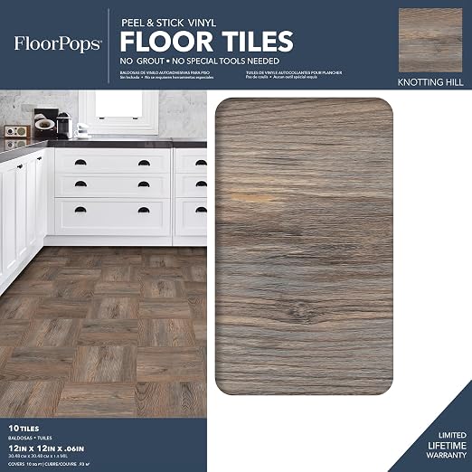 FloorPops FP3323 Knotting Hill Peel & Stick Floor Tiles, Brown (Pack of 6)