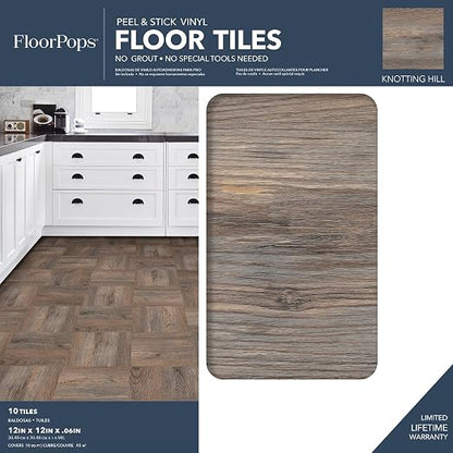 FloorPops FP3323 Knotting Hill Peel & Stick Floor Tiles, Brown (Pack of 6)