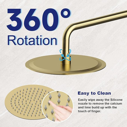 Brushed Gold Shower Faucet Set with Valve 10 Inches High Pressure Shower Head Combo Set Wall Mount Rain Shower Head System with 6 Function Handheld