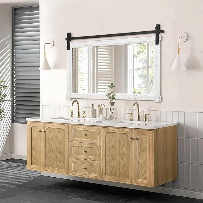 Besdomus Large Bathroom Farmhouse Mirror: 42"x28" White Barn Door Farmhouse Solid Cedar Wood Frame - Rustic Wall Mounted Mirror for Entryway/Living Room/Bathroom Redo - Home Decor for Housewife