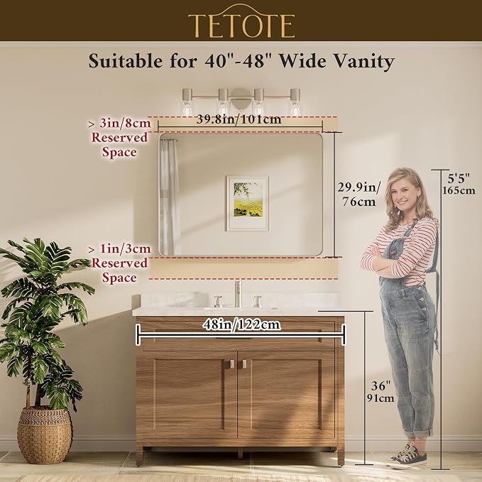 40 x 30 Inch Black Frame Mirror, Bathroom Vanity Mirror for Wall, Modern Rectangle Round Corner Matte Framed Mirror (Horizontal/Vertical)