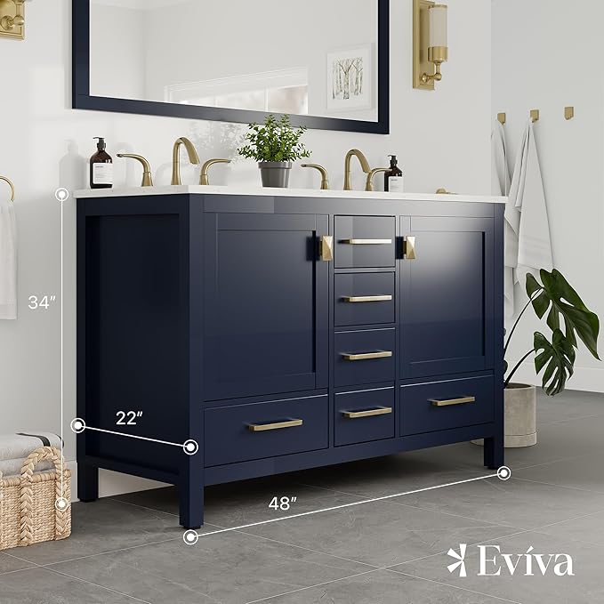 Eviva Aberdeen 48 Inch Bath Vanity with Sink Blue Bathroom Vanity with Carrara Quartz Top Freestanding Double Sink Bath vanities with Spacious Storage -Bathroom Sink Cabinet and top Combo