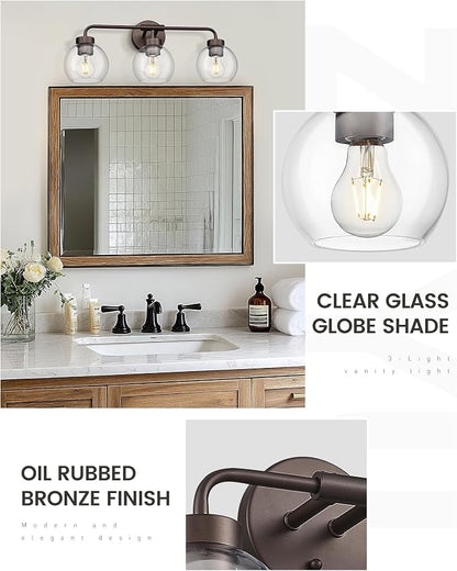 zeyu 23" Oil Rubbed Bronze Vanity Light Fixture, 3-Light Farmhouse Bathroom Wall Lights with Clear Glass Globe Shade, ZS62BG-3W ORB