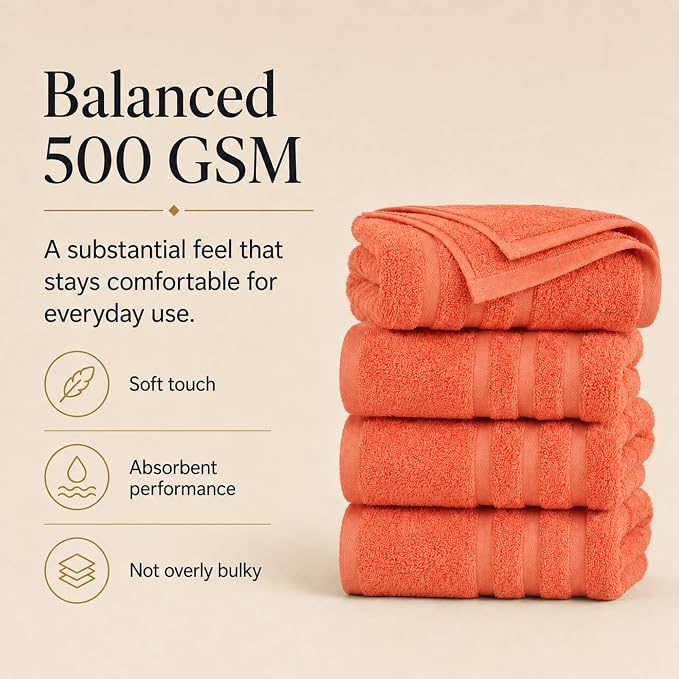 Velqora Bath Towels, 2 Pack, 30x60 in, 100% Cotton, Soft & Absorbent, Coral | Balanced Weight | Everyday Comfort | Easy Care