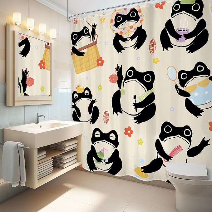 LGhtyro Japanese Funny Frog Shower Curtain Bathroom Set 71Wx78H Inches Fun Kids Washing Animal Asian Lovely Style Traditional Flower Bath Accessories Anime Cartoon Art Home Decor Fabric 12 Pack Hooks