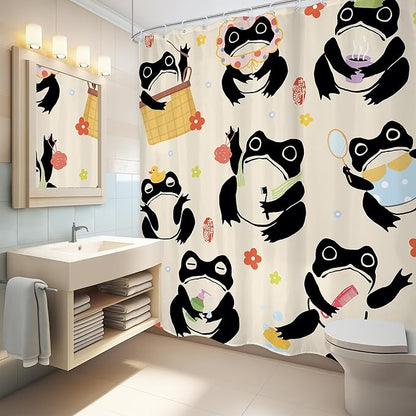 LGhtyro Japanese Funny Frog Shower Curtain Bathroom Set 71Wx78H Inches Fun Kids Washing Animal Asian Lovely Style Traditional Flower Bath Accessories Anime Cartoon Art Home Decor Fabric 12 Pack Hooks