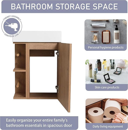 16" Bathroom Vanity with Sink, 16 Inch Floating Bathroom Vanity for Small Space, Modern Bathroom Vanity, Brown Wall Mounted Cabinet Set（050）
