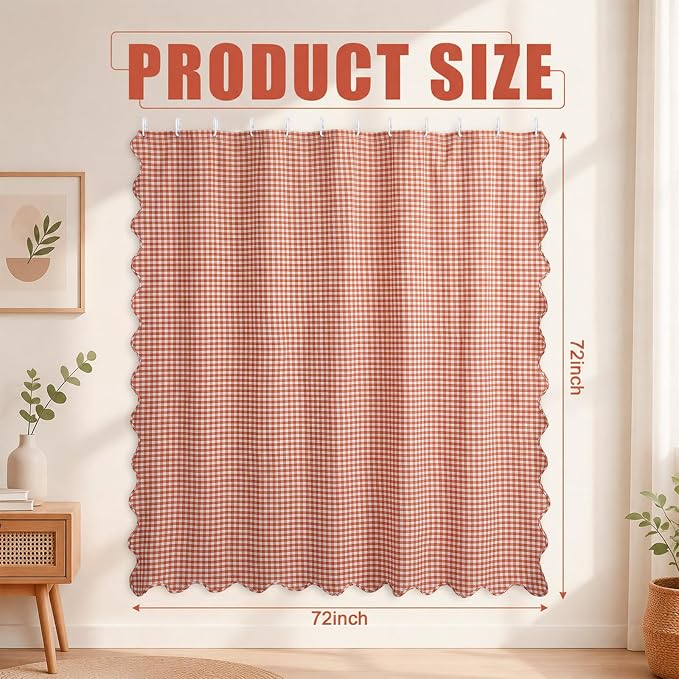HunnmingRe Pink Ruffled Gingham Shower Curtain 72 x 72 Inch | Cotton Vintage Farmhouse Rural Plaid Shower Curtain with 12 Hooks, Bathroom Bathtubs Decor
