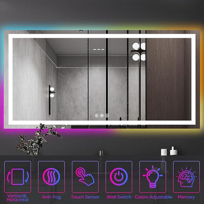 Antok 60x28 LED Bathroom Mirror with Lights, Backlit + Front Lit Vanity Mirror with CRI>90, Dimmable Anti-Fog Smart Mirror with Memory Function, 11 Color Temperatures, Shatterproof Tempered Glass, ETL