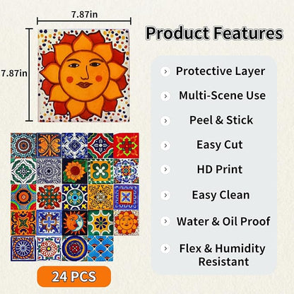 24 PCS Peel and Stick PVC Tile Stickers Waterproof Removable | for Kitchen Bathroom Backsplash, Waterproof Self-Adhesive Removable Decals, Easy DIY Decor, Smooth Surfaces, 7.87x7.87in