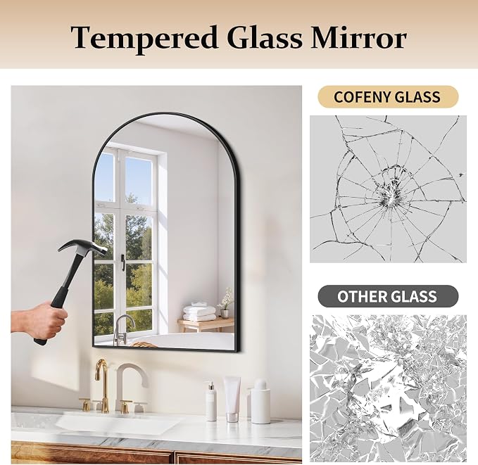 COFENY Arched Mirror, 24’’x40’’ Black Arch Mirror for Bathroom, Arched Bathroom Mirror with Frame, Modern Wall Mounted Mirror for Over Sink Mantle Bedroom Vanity Living Room Entryway