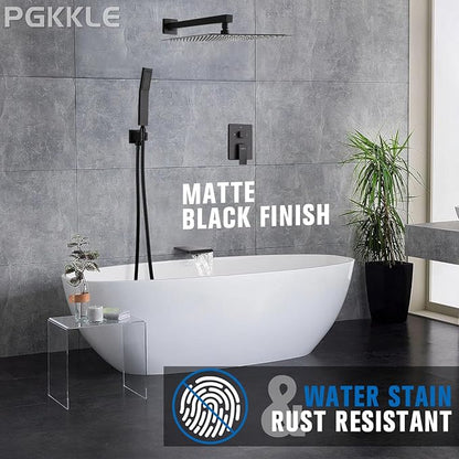 12 Inch Rainfall Shower System with Tub Spout Wall Mounted Complete Combo with Solid Brass Pressure Balancing Valve, High Pressure Shower Head, Handle Set & Installation Accessories Matte Black