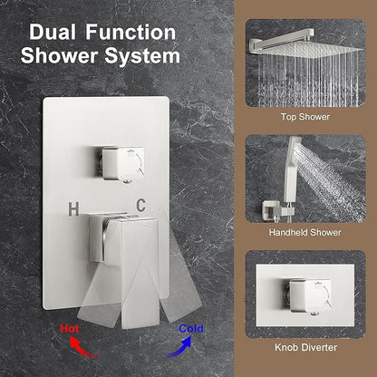 JOMEOO® 12 Inch Brushed Nickel Shower System, Wall Mounted High Pressure Rain Shower Head with Handheld Sprayer, Bathroom Luxury Rainfull Shower Head Shower Faucet Set Rough in Valve Body and Trim