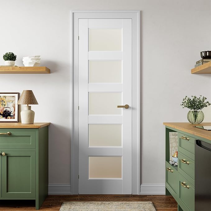 SMARTSTANDARD 24" x 80" Frosted Glass Pantry Door, Solid Core Slab Door | Pre-Assembled 5-Panel without Hardware, French Interior Door for Pantry Pocket, White Primed