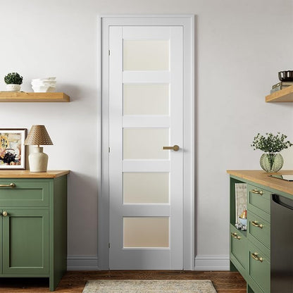 SMARTSTANDARD 24" x 80" Frosted Glass Pantry Door, Solid Core Slab Door | Pre-Assembled 5-Panel without Hardware, French Interior Door for Pantry Pocket, White Primed