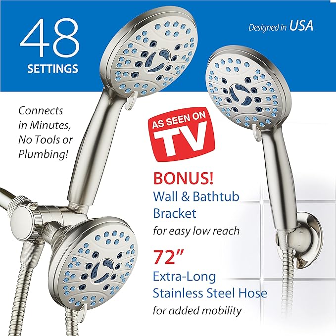 AquaCare 48-mode High Pressure 3-way Shower Head Combo w/ 2-mode Power Wash | Pure Clean Jets, Dual Handheld Power Wash for Tub, Tile & Pets, Long 6 ft. Stainless Steel Hose, Extra Wall Bracket / Nickel