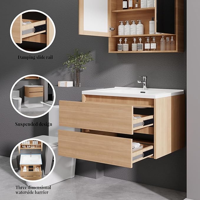 Wood Grain Floating Bathroom Vanity with Sink, 31x18 Inch Wall Mounted Bathroom Cabinet with 2 Drawers, Modern Single Sink Vanity for Small Bathroom, Space-Saving Storage Cabinet