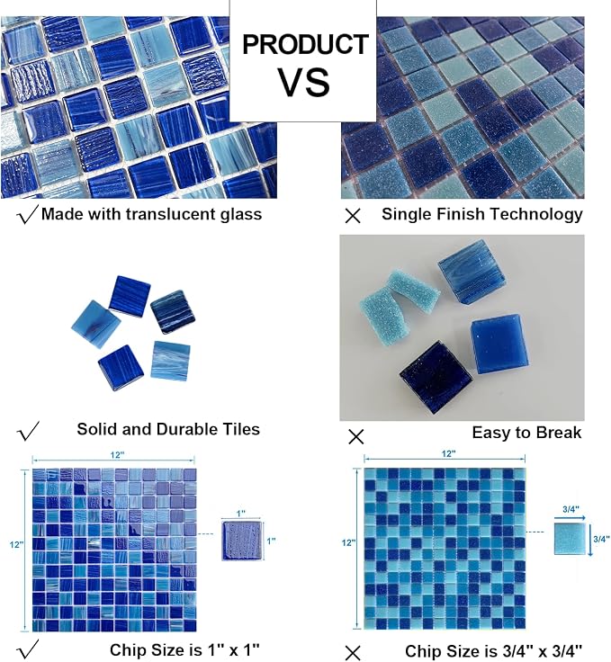 LSDECO 5 Sheets Glass Mosaic Tiles Backsplash, Pool Tiles, 12" x 12" Kitchen Backsplash Tile, Glass Tiles for Bathroom Border Shower Wall (5 Sq.Ft Cobalt Blue)