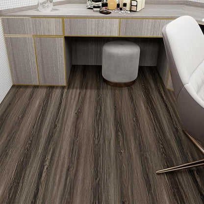 Wood Grain Peel and Stick Floor Tiles, 11.8" W × 118" L, Dark Color | Soft wood‑look finish, Works on many surfaces, Easy to cut, Non‑slip texture, Good for renters and DIY users, Removable