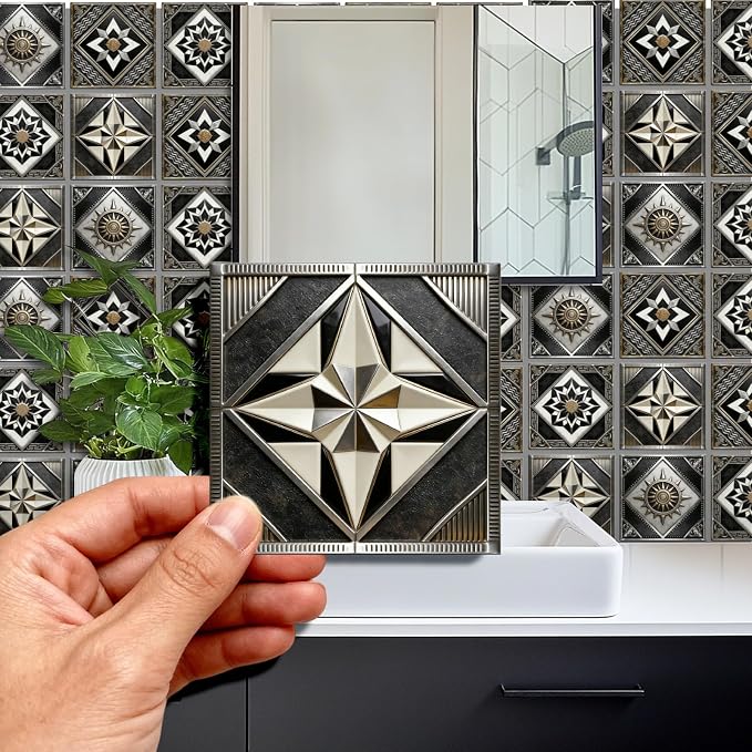 36pcs 4 Styles Retro Pattern Tile Stickers Black and Brown Geometric Patterns Waterproof PVC Tile Decals for Kitchen Bathroom 4x4 inch