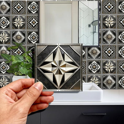 36pcs 4 Styles Retro Pattern Tile Stickers Black and Brown Geometric Patterns Waterproof PVC Tile Decals for Kitchen Bathroom 4x4 inch