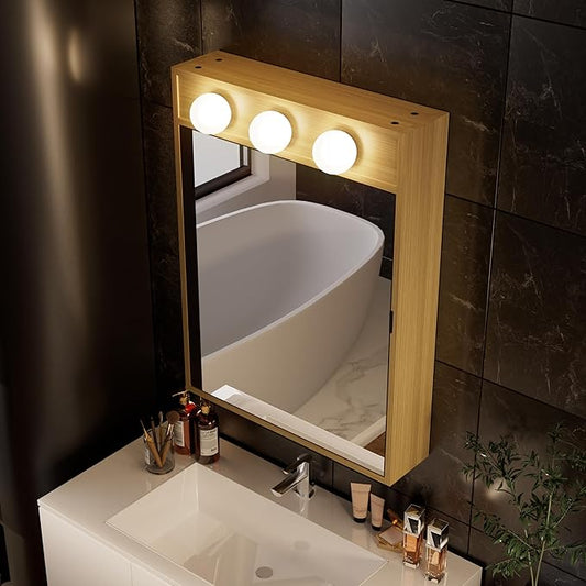 28x20 LED Lighted Bathroom Medicine Mirror Cabinet with Sockets & USBs, Dimmable Light and Color Adjustment, LED Bulbs, Easy to Install