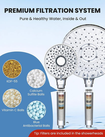 Magichome Filtered Shower Head Handheld Mother-Child Large Arm Combo, High Pressure 10-Spd Detachable Chrome Showerhead w/Stainless Hose, Water Softener Beads Hard Water - Remove Chlorine, Sliver