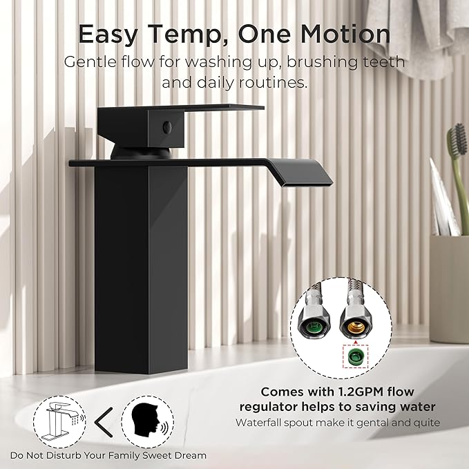 FORIOUS Bathroom Faucet Matte Black Modern Waterfall Bathroom Sink Faucet 1 or 3 Hole Single Handle with Deck Plate and Drain, Suitable for Vanity Rv Camper Commerical