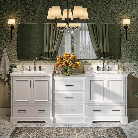 ARIEL Stafford 84-inch Bathroom Vanity with Sink,Solid Wood, 1.5in Carrara White Quartz Countertop & Backsplash, Double Rectangular Porcelain Sink, 4 Soft Closing Doors, 5 Dovetail Drawers, White