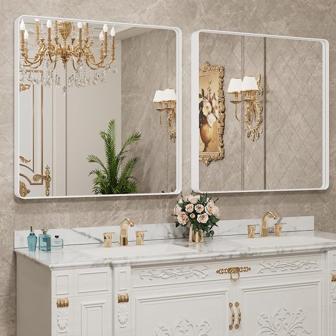 LOAAO 36x36 Inch White Metal Framed Bathroom Mirror | Rounded Rectangle Mirror, Anti-Rust, Tempered Glass, Hangs Horizontally or Vertically