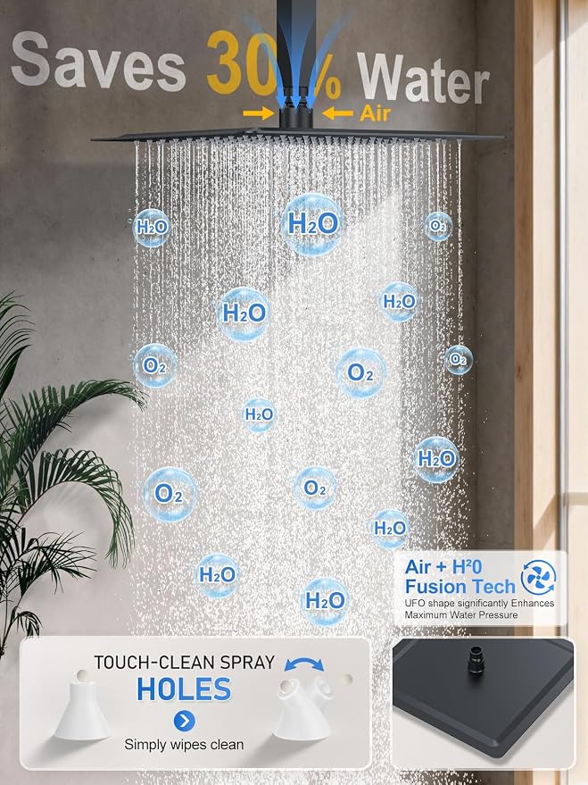 Woindo Shower Faucet Set, 10" Ceiling Mount Rainfall Shower System with 2 Rain Shower Head and Multi-function Handheld Head Push Button Diverter Shower Faucet Trim Kit