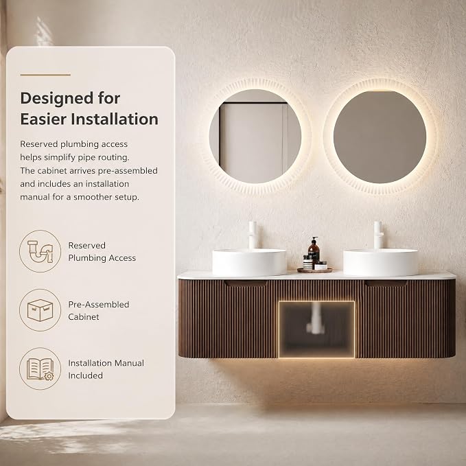 60 Inch Double Sink Bathroom Vanity, Floating Wall Mounted Cabinet, Dark Walnut Curved Fluted Front, Stone Top, Dual Pure White Round Vessel Basins, Pre-Assembled