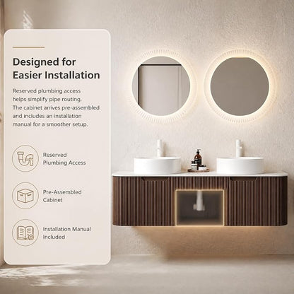 60 Inch Double Sink Bathroom Vanity, Floating Wall Mounted Cabinet, Dark Walnut Curved Fluted Front, Stone Top, Dual Pure White Round Vessel Basins, Pre-Assembled