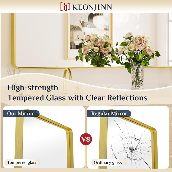 Keonjinn 24 x 30 Inch Gold Bathroom Mirrors for Over Sink, Tempered Glass | Brushed Finish, Brass Vanity Mirror, Anti-Rust Aluminum Frame, Rounded Rectangle, French Cleat Mount, Ideal for Home Décor