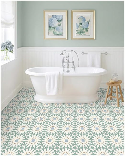 MORCART 20PCS 7.87" x 7.87" Peel and Stick Floor Tile,Aqua Mist Floral Look | Self-Adhesive DIY Vinyl Flooring, Removable and Waterproof Tile Sticker for Bathroom, Kitchen, Wall, Bedroom, Stairs