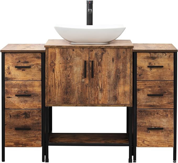 UEV 48" Rustic Brown Bathroom Vanity with Sink Combo,Industrial Iron Frame Bathroom Cabinet Sets with Double 3 Drawers Side Cabinet,Modern Artistic Ceramic Vessel Sink(032WH)