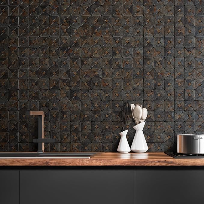 DICOFUN 10-Sheet Rustic Slate Look Peel and Stick Backsplash Tile, Mixed Glass Self-Adhesive Mosaic Tiles, Stainless Steel Stick on Wall Tiles for Kitchen and Bathroom Backspalsh, Mirror Decor