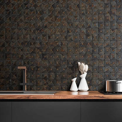DICOFUN 1 Sheet Rustic Slate Look Peel and Stick Backsplash Tile, Mixed Glass Self-Adhesive Mosaic Tiles, Stainless Steel Stick on Wall Tiles for Kitchen and Bathroom Backspalsh, Mirror Decor