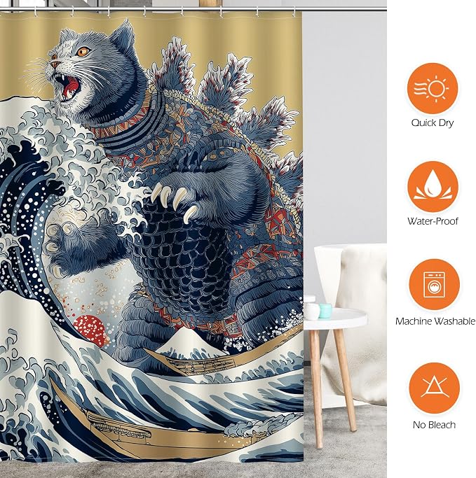 Aimego Funny Cat Shower Curtain Japanese Nautical Anime Ocean Sea Wave Cool Unique Asian Whimsical Humorous Bathroom Decor Bathtub Curtain Fabric Shower Curtain Set with 12 Hooks, 72"x72"