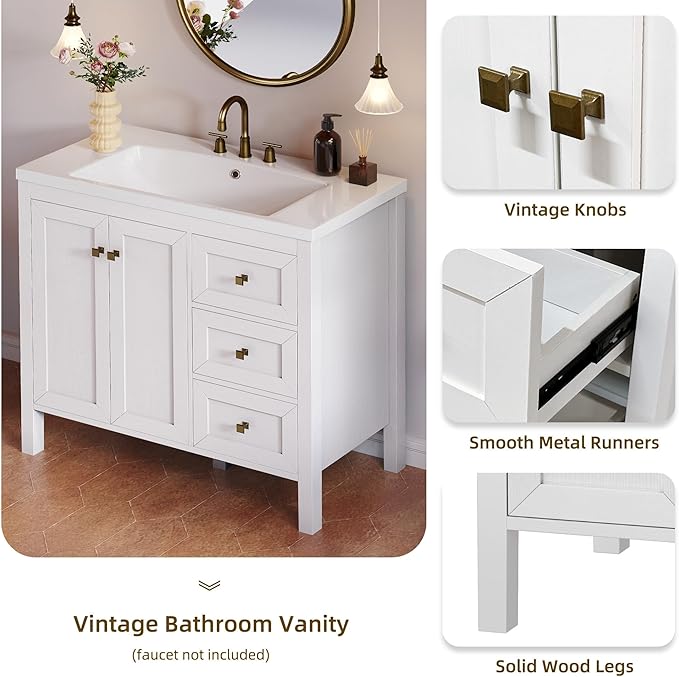 DWVO 36 Inch Bathroom Vanity with Sink, Modern Bathroom Storage Cabinet with Resin Basin, Three Holes, 2 Doors & 3 Drawers