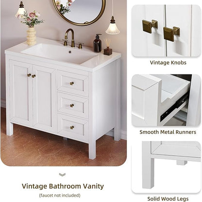 DWVO 36 Inch Bathroom Vanity with Sink, Modern Bathroom Storage Cabinet with Resin Basin, Three Holes, 2 Doors & 3 Drawers