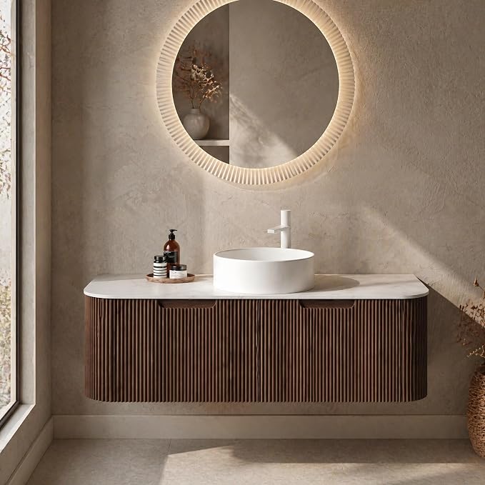 48 Inch Bathroom Vanity with Sink, Floating Wall Mounted Single Sink Vanity, Dark Walnut Curved Fluted Front, Stone Top, Pure White Round Vessel Basin, Pre-Assembled