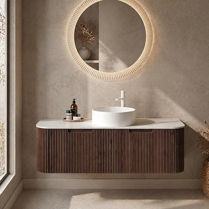 48 Inch Bathroom Vanity with Sink, Floating Wall Mounted Single Sink Vanity, Dark Walnut Curved Fluted Front, Stone Top, Pure White Round Vessel Basin, Pre-Assembled