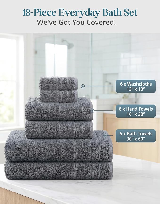 Casa Platino Bath Towel Set 100% Cotton 18 Piece Soft Absorbent - Cool Grey | Cotton Bath Towels - Densely Woven, Coordinated Colors, Dobby Border Accent, OEKO-TEX Certified, Ring-Spun Durability