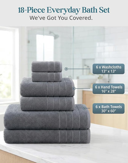 Casa Platino Bath Towel Set 100% Cotton 18 Piece Soft Absorbent - Cool Grey | Cotton Bath Towels - Densely Woven, Coordinated Colors, Dobby Border Accent, OEKO-TEX Certified, Ring-Spun Durability