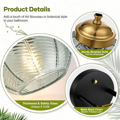 MOKATNG Bathroom Light Fixtures, 4-Light Green Vanity Lights with Unique Leaf Texture Glass Shade, Modern Matte Black and Gold Bathroom Wall Lamp for Mirror Hallway Cabinet Living Room